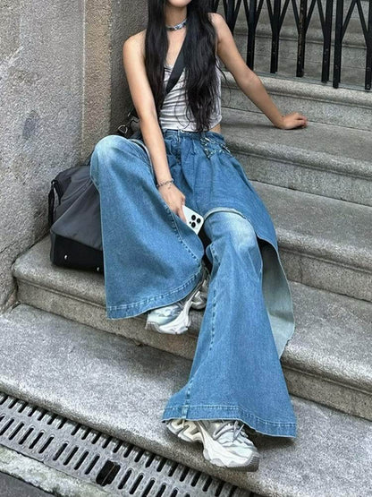 False two piece Denim Skirt High waist Fake 2 piece Skirt jeans pant - www.Shopthatapp.com