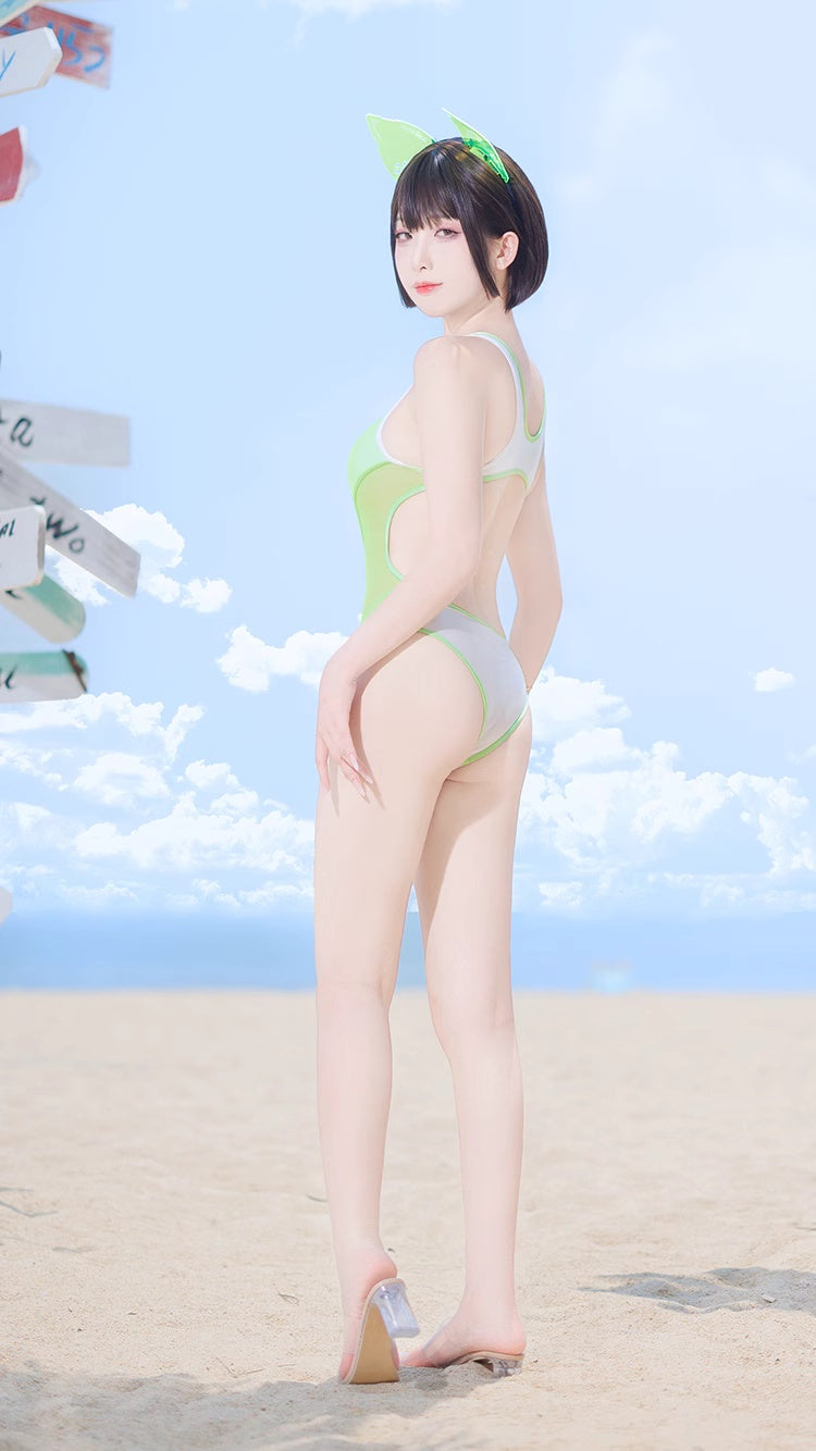 Anime Style One-piece Sexy Racing Swimsuit with Mesh Sheer Dual-color Design - www.Shopthatapp.com