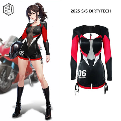 Black and Red One-Piece Spandex Race Queen Bodysuit Cotume with Sheer Mesh - www.Shopthatapp.com