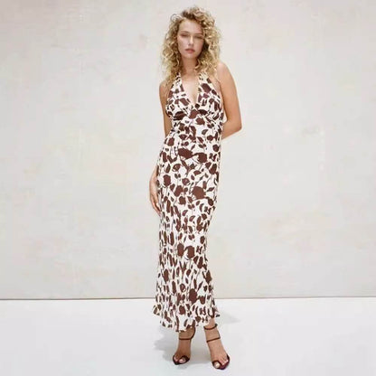 French Vest Printed Midi Floral Summer New Elegant Backless V-neck Halter Dress - www.Shopthatapp.com