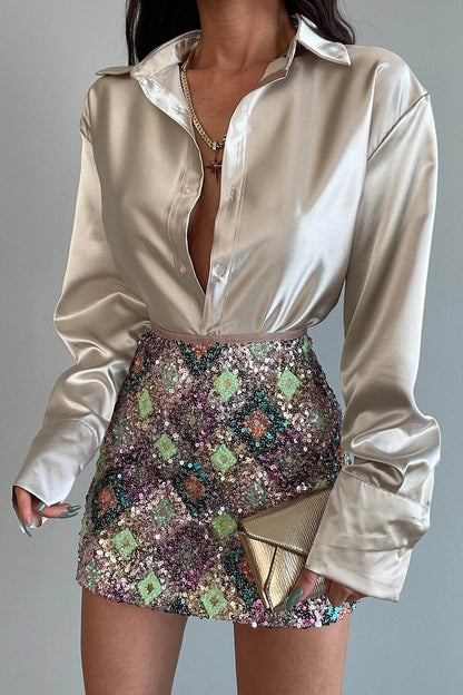 Single-breasted Long Sleeve Lapel Satin Blouse Shirt for work business office - www.Shopthatapp.com