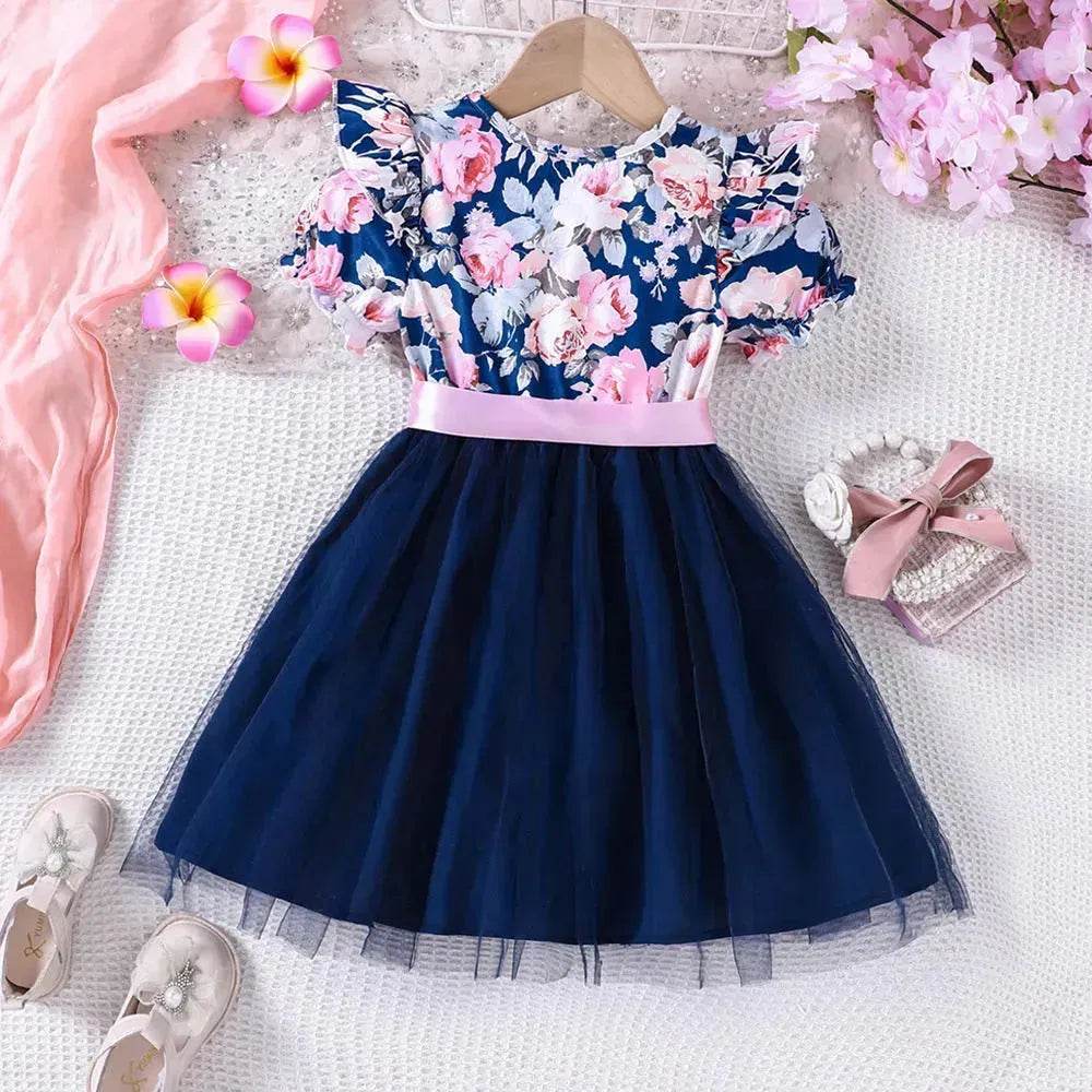 Girls Puff Sleeve Flower Printed Mesh Dress Baby girl dress gown - www.Shopthatapp.com