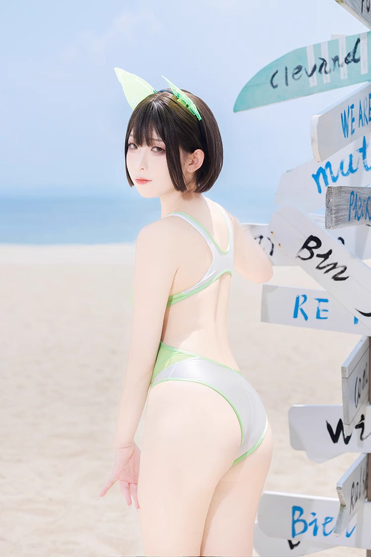 Anime Style One-piece Sexy Racing Swimsuit with Mesh Sheer Dual-color Design - www.Shopthatapp.com