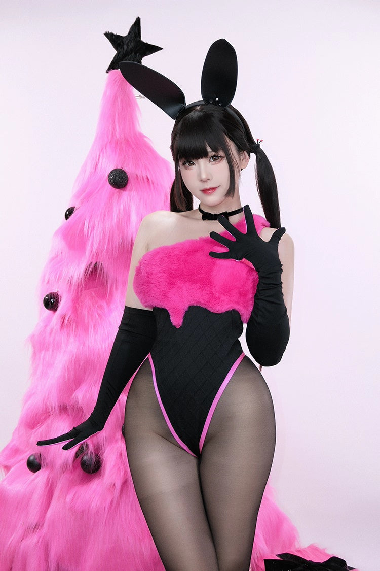 Anime Strawberry Ice Cream Style Bunny Girl Knitted Black Pink Bodysuit Lingerie Set - www.Shopthatapp.com