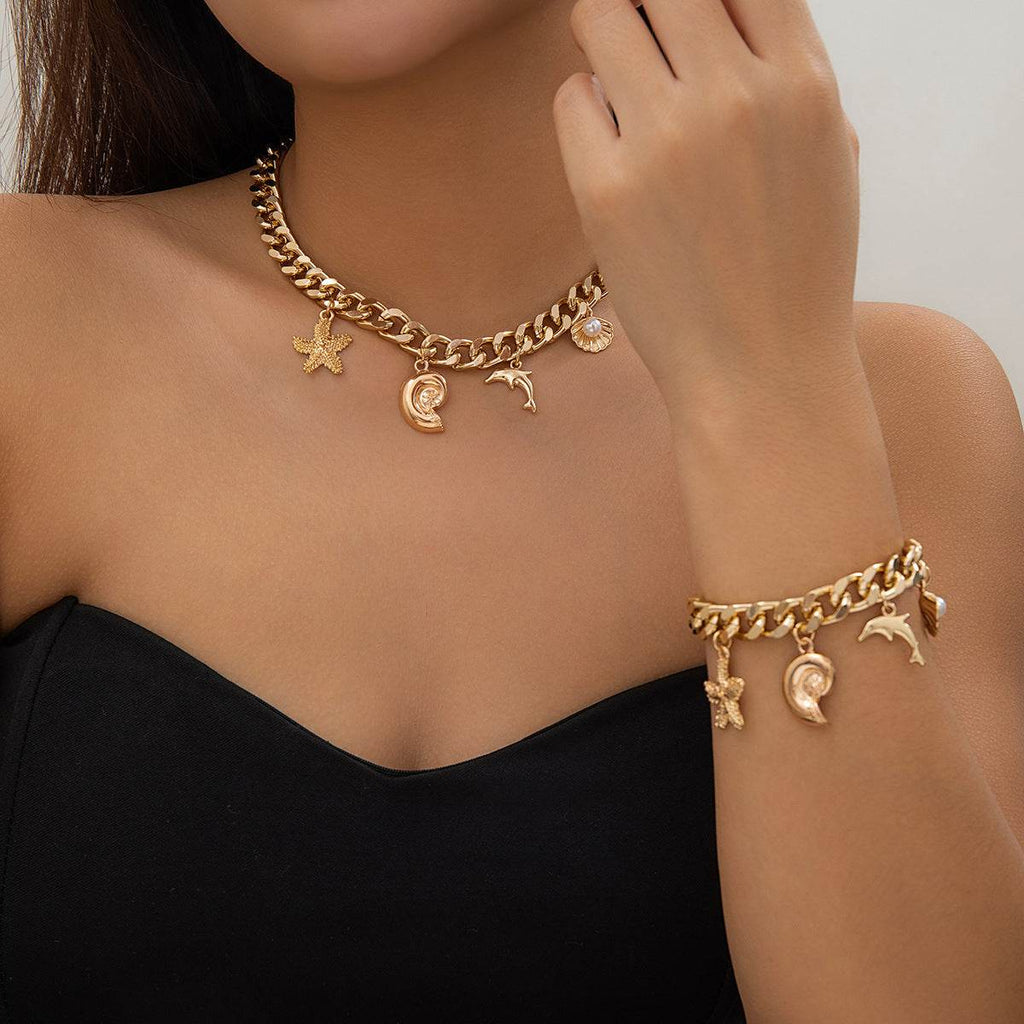 Boho Dolphin Starfish Conch Pendant Jewelry Set – Choker Necklace & Bracelets for Women - www.Shopthatapp.com