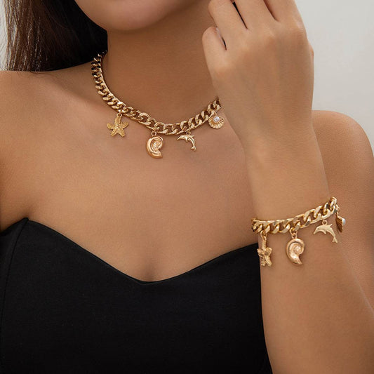 Boho Dolphin Starfish Conch Pendant Jewelry Set – Choker Necklace & Bracelets for Women - www.Shopthatapp.com