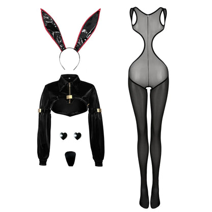 Bunny Girl Sexy Cute Costume PU Jacket Sheer Stockings Cosplay Lingerie Set - www.Shopthatapp.com