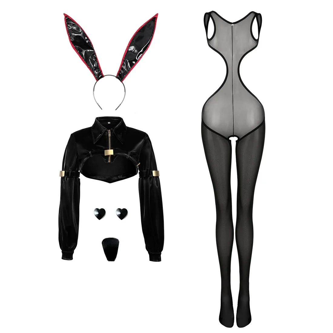 Bunny Girl Sexy Cute Costume PU Jacket Sheer Stockings Cosplay Lingerie Set - www.Shopthatapp.com