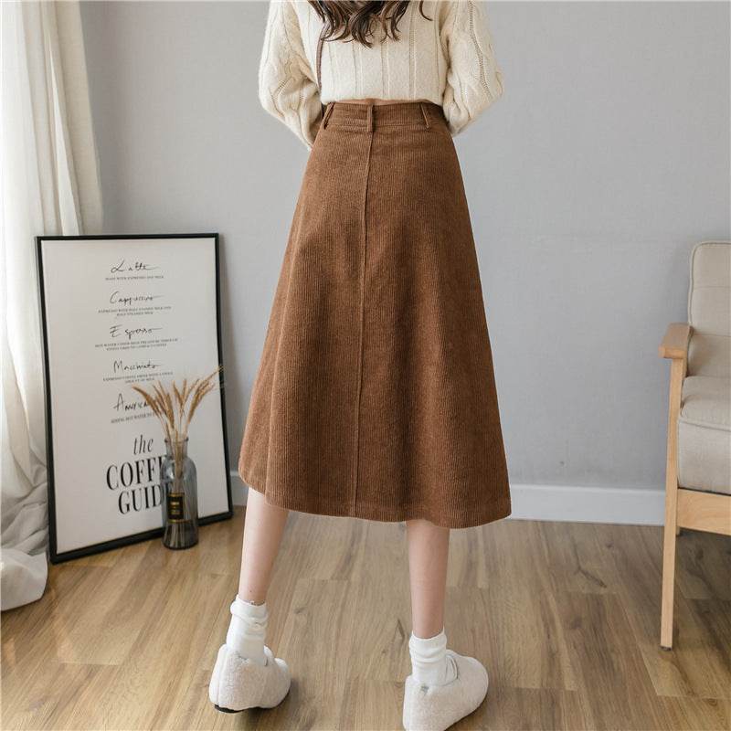 Retro Button A-line Fashion flared Corduroy Midi Skirt - www.Shopthatapp.com