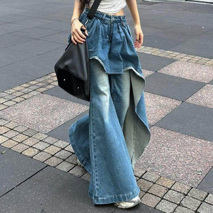 False two piece Denim Skirt High waist Fake 2 piece Skirt jeans pant - www.Shopthatapp.com