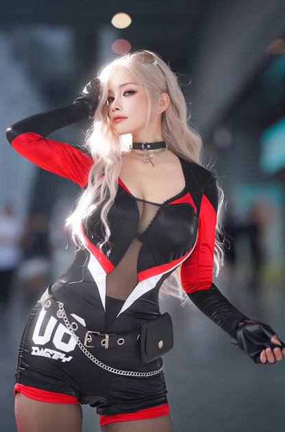 Black and Red One-Piece Spandex Race Queen Bodysuit Cotume with Sheer Mesh - www.Shopthatapp.com