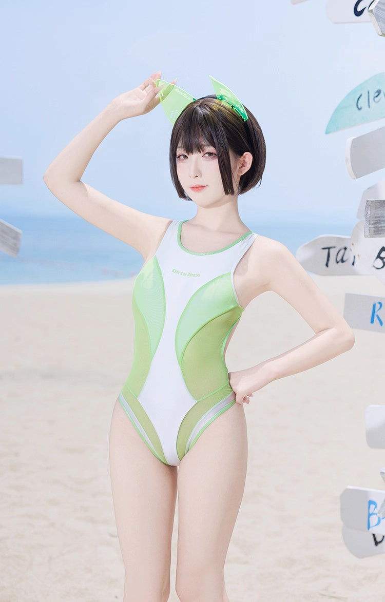Anime Style One-piece Sexy Racing Swimsuit with Mesh Sheer Dual-color Design - www.Shopthatapp.com