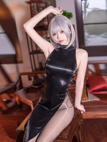 Vintage PU Leather Satin Cheongsam Lingerie Sexy Party Dress Costume - www.Shopthatapp.com