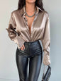 Single-breasted Long Sleeve Lapel Satin Blouse Shirt for work business office - www.Shopthatapp.com