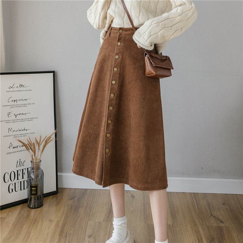 Retro Button A-line Fashion flared Corduroy Midi Skirt - www.Shopthatapp.com