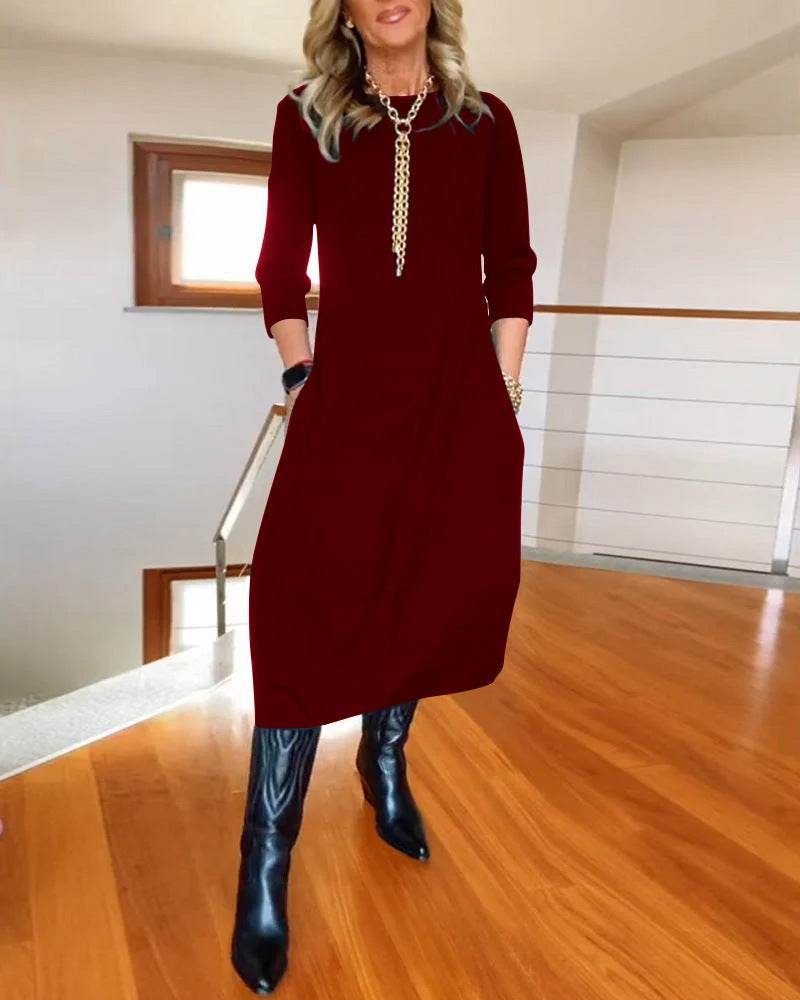 Autumn And Winter New All-matching Solid Color Loose Round-neck Long-sleeved Dress Women - www.Shopthatapp.com