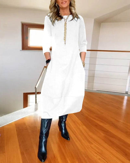 Autumn And Winter New All-matching Solid Color Loose Round-neck Long-sleeved Dress Women - www.Shopthatapp.com