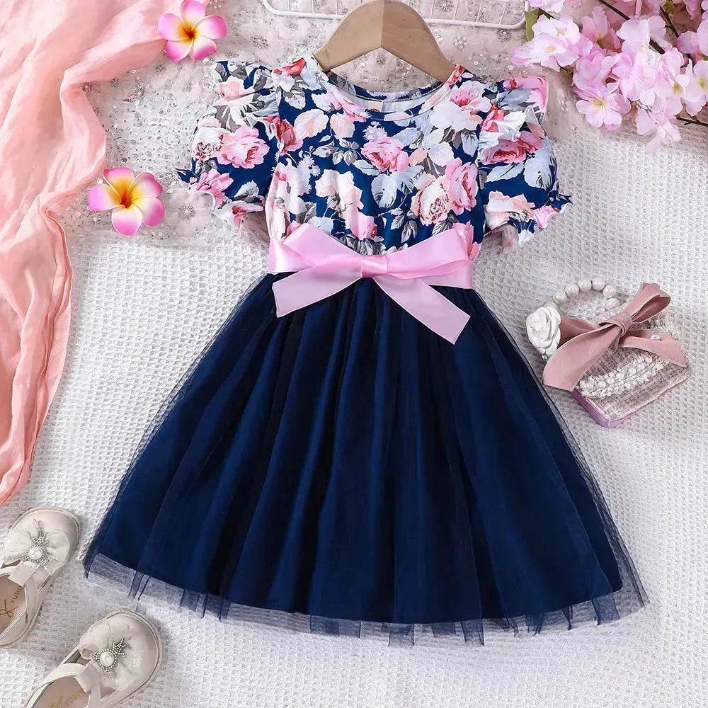 Girls Puff Sleeve Flower Printed Mesh Dress Baby girl dress gown - www.Shopthatapp.com