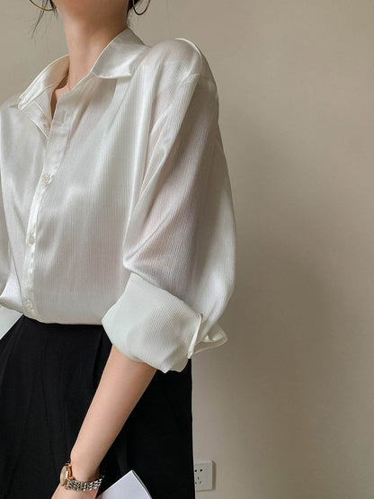 White Texture Long sleeve button Satin Shirt For Work business office - www.Shopthatapp.com