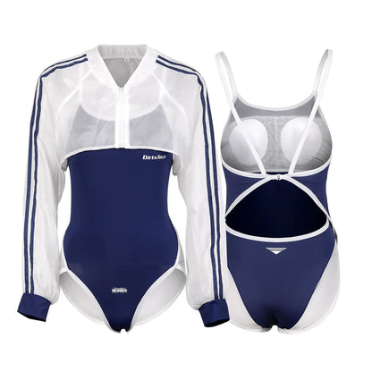 Anime Style Blue Spandex One-piece Swimsuit with Sheer Crop Jacket and Stockings - www.Shopthatapp.com
