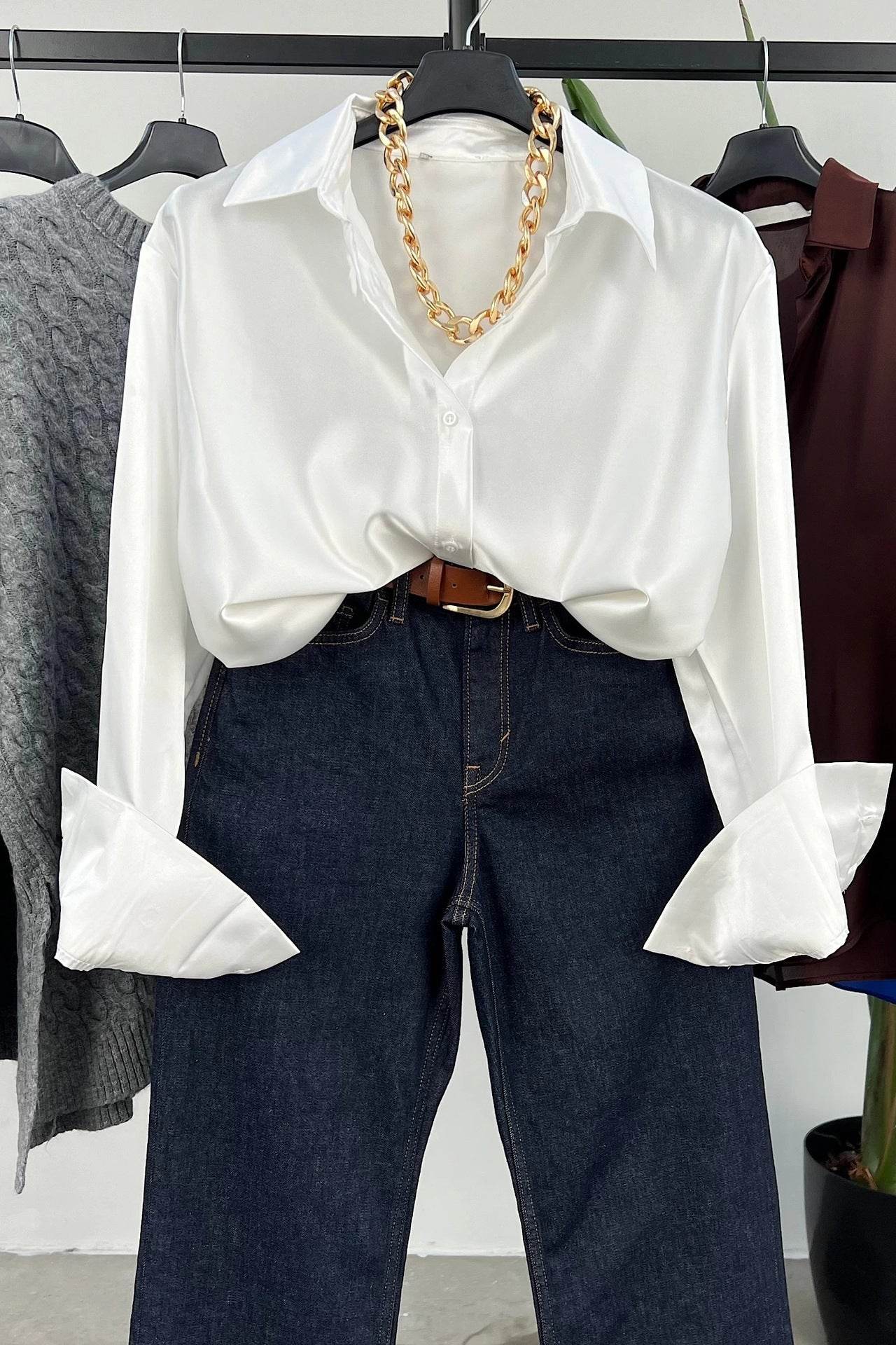 Single-breasted Long Sleeve Lapel Satin Blouse Shirt for work business office - www.Shopthatapp.com