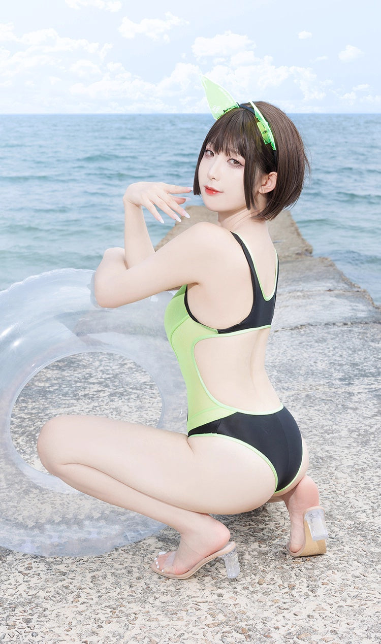 Anime Style One-piece Sexy Racing Swimsuit with Mesh Sheer Dual-color Design - www.Shopthatapp.com