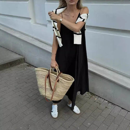 Elegant Women’s Summer Maxi Dress Casual Spaghetti Straps Solid V-Neck Cami Backless Dresses