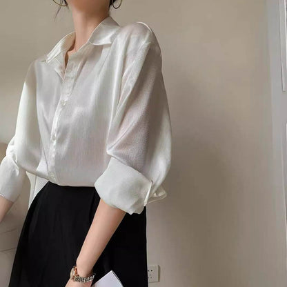 White Texture Long sleeve button Satin Shirt For Work business office - www.Shopthatapp.com