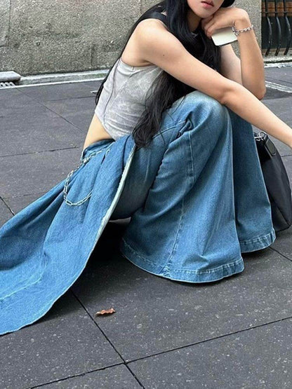 False two piece Denim Skirt High waist Fake 2 piece Skirt jeans pant - www.Shopthatapp.com