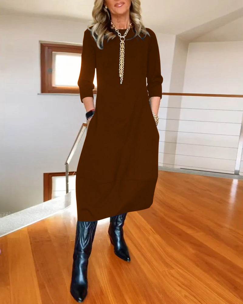 Autumn And Winter New All-matching Solid Color Loose Round-neck Long-sleeved Dress Women - www.Shopthatapp.com