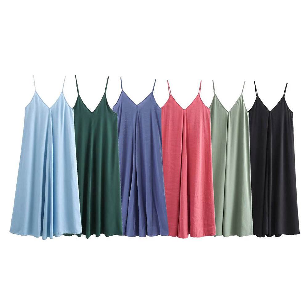 Elegant Women’s Summer Maxi Dress Casual Spaghetti Straps Solid V-Neck Cami Backless Dresses