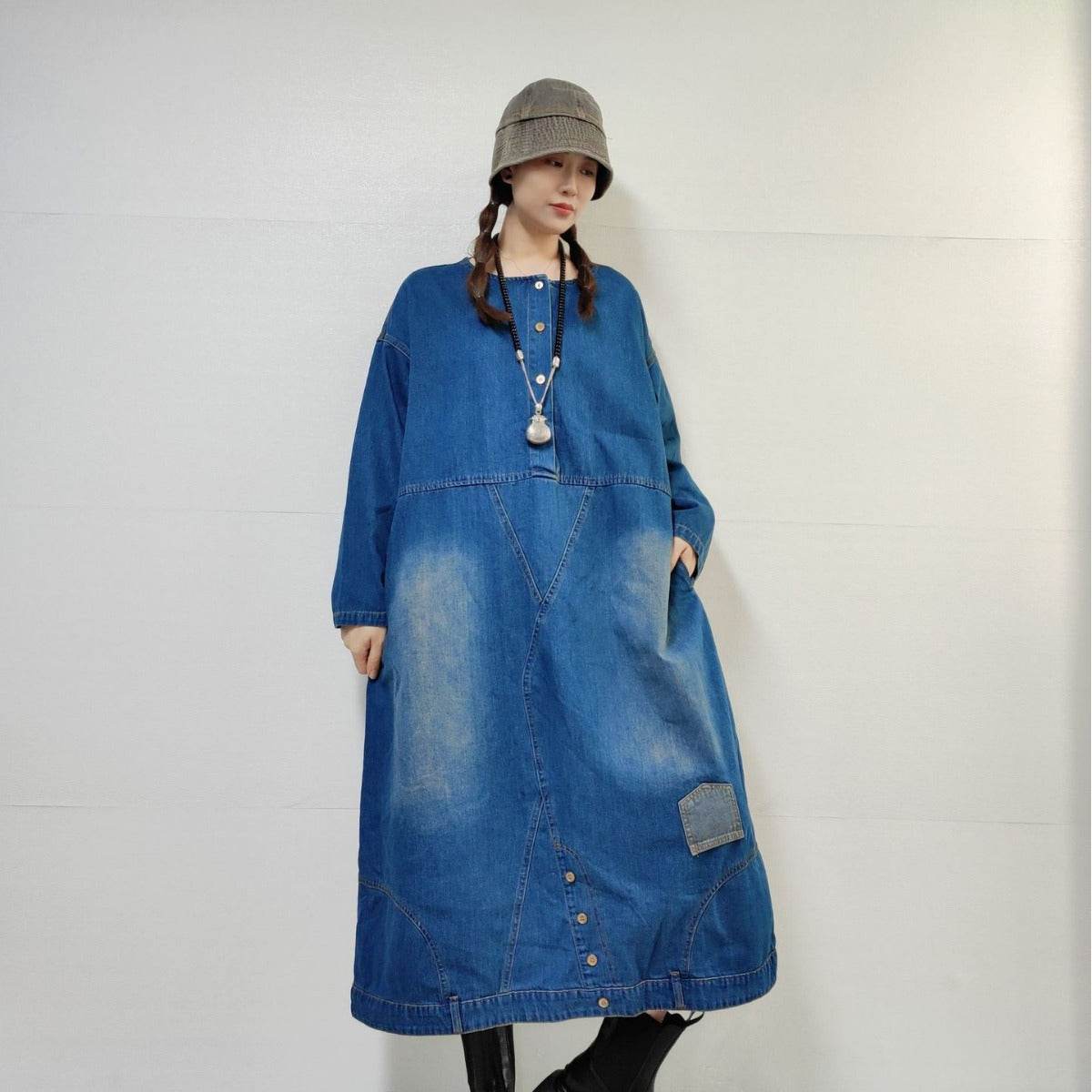 Loose-fitting Casual Round-neck Long-sleeved Oversized Long Denim Dress - www.Shopthatapp.com