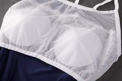 Anime Style Blue Spandex One-piece Swimsuit with Sheer Crop Jacket and Stockings - www.Shopthatapp.com