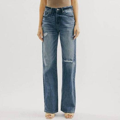 Blue Jeans Pant women Mid waist Denim Wide Leg Denim Pant - www.Shopthatapp.com