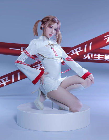 Anime Style Black and White Witch Spandex PU Leather Short Dress with Bust Zipper - www.Shopthatapp.com