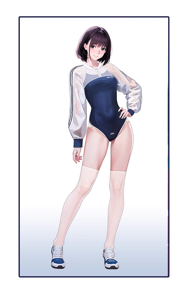 Anime Style Blue Spandex One-piece Swimsuit with Sheer Crop Jacket and Stockings - www.Shopthatapp.com