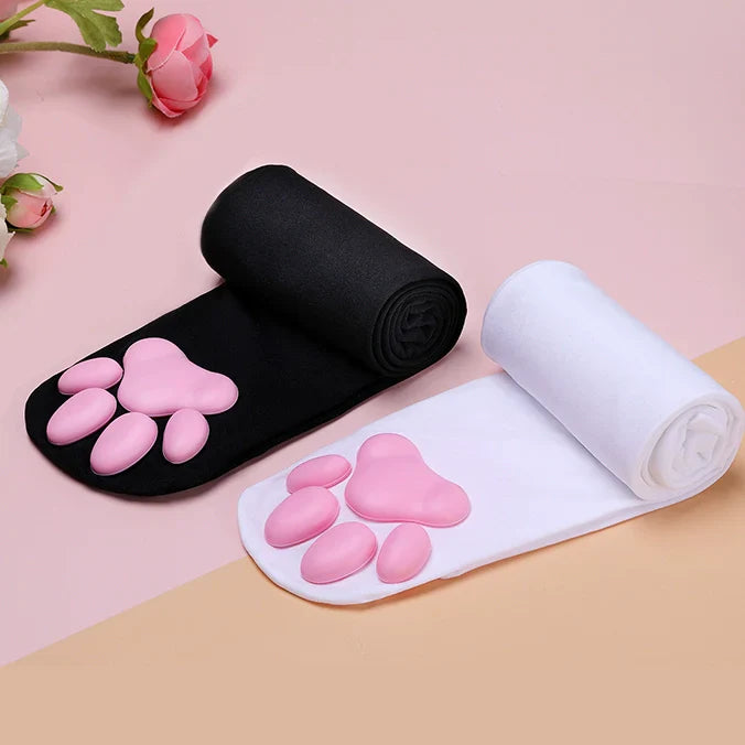 100D Knee Stockings with 3D Cute Cat Paw Paddings Anime Style Velvet Stockings - www.Shopthatapp.com