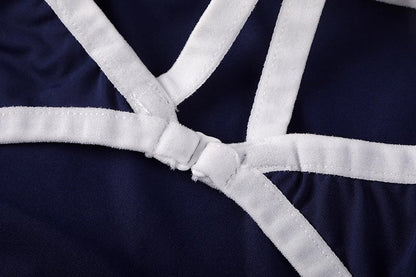 Anime Style Blue Spandex One-piece Swimsuit with Sheer Crop Jacket and Stockings - www.Shopthatapp.com