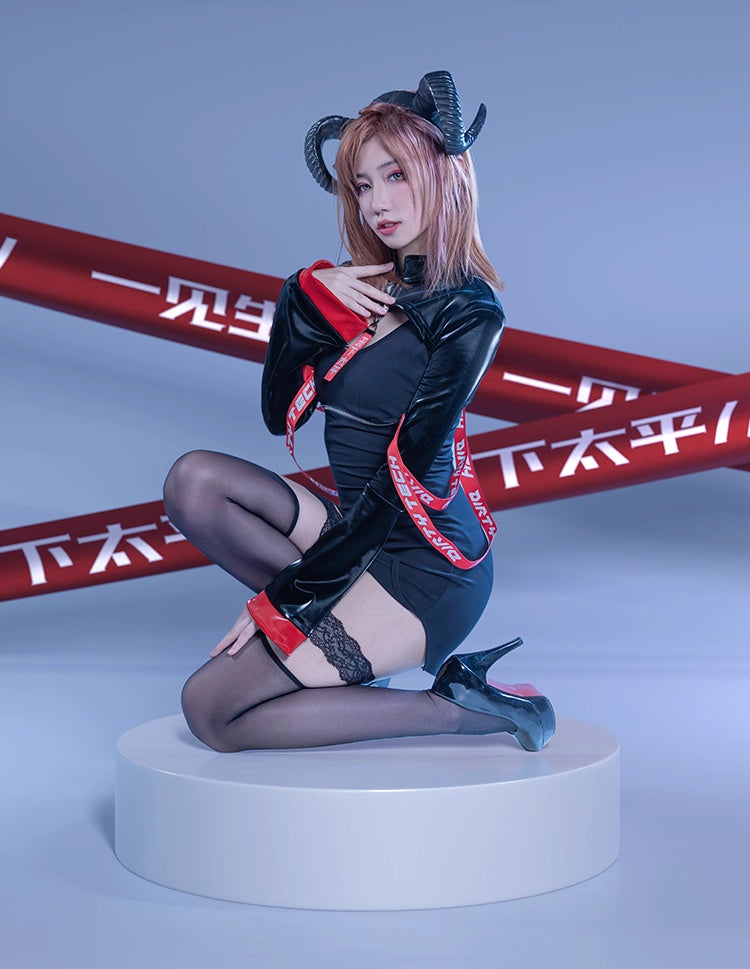 Anime Style Black and White Witch Spandex PU Leather Short Dress with Bust Zipper - www.Shopthatapp.com