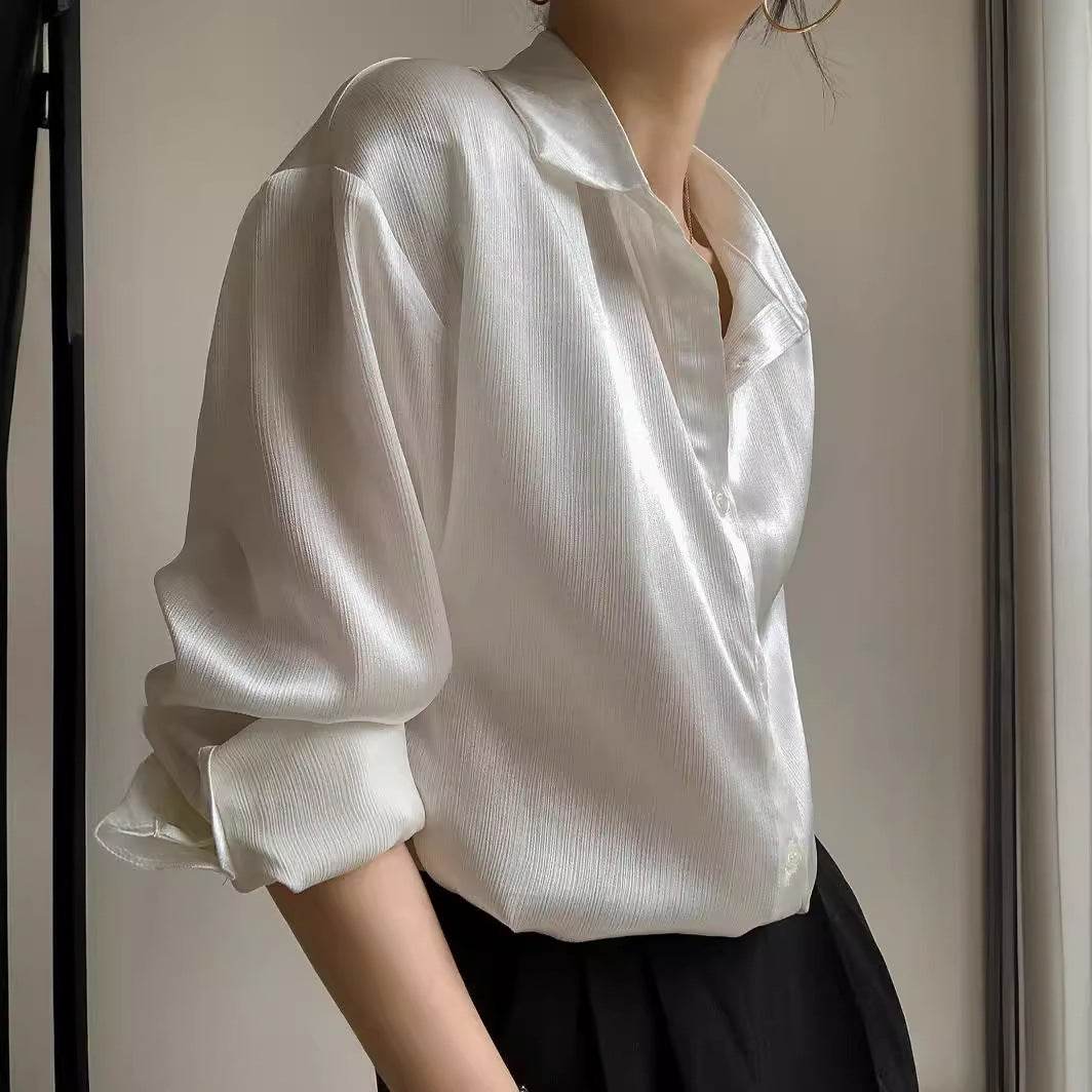 White Texture Long sleeve button Satin Shirt For Work business office - www.Shopthatapp.com