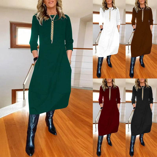 Autumn And Winter New All-matching Solid Color Loose Round-neck Long-sleeved Dress Women - www.Shopthatapp.com