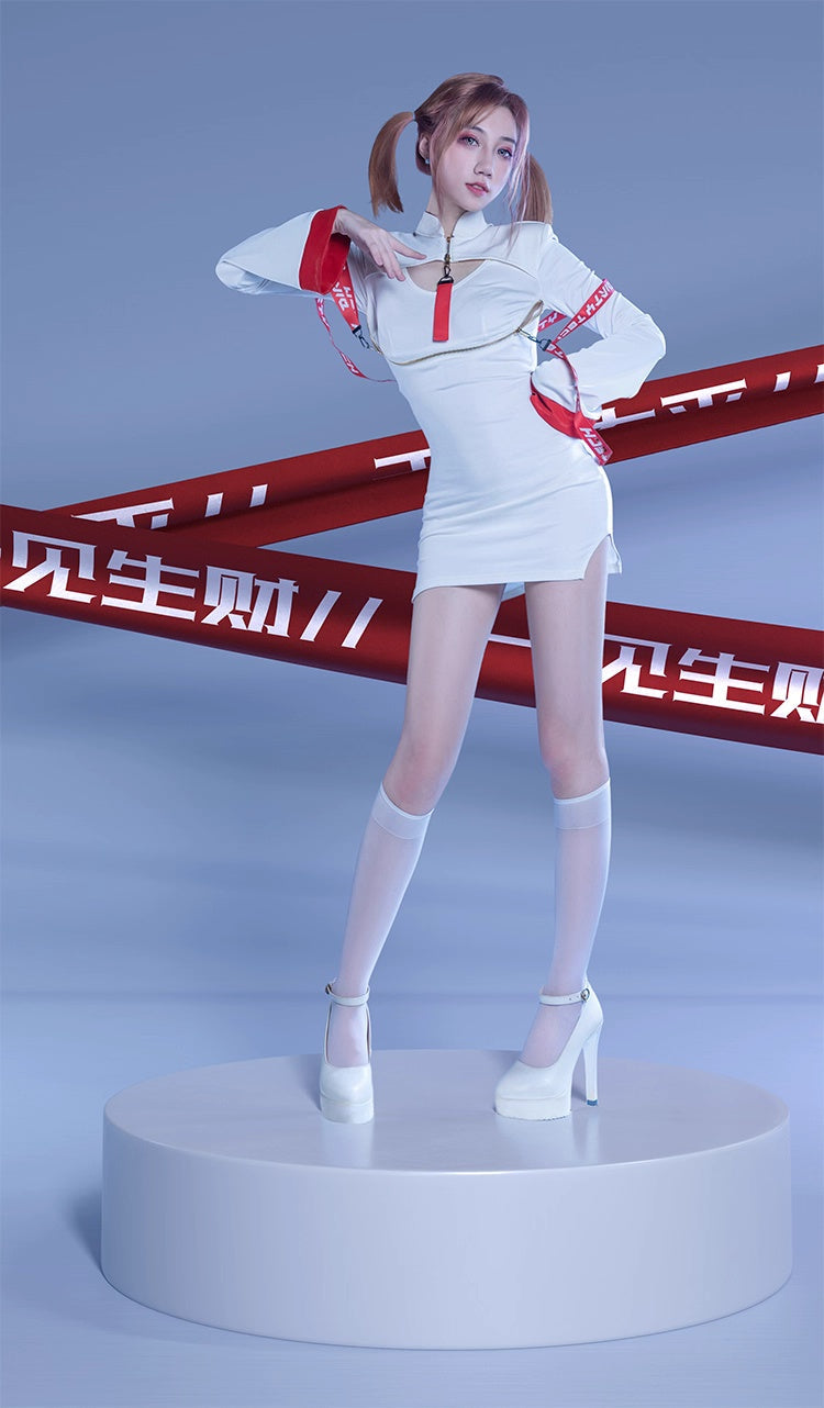 Anime Style Black and White Witch Spandex PU Leather Short Dress with Bust Zipper - www.Shopthatapp.com