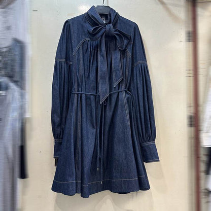 Women's Lace-up Bow Stand-up Collar Puff Sleeve Denim Dress - www.Shopthatapp.com