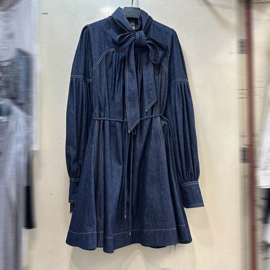 Women's Lace-up Bow Stand-up Collar Puff Sleeve Denim Dress - www.Shopthatapp.com