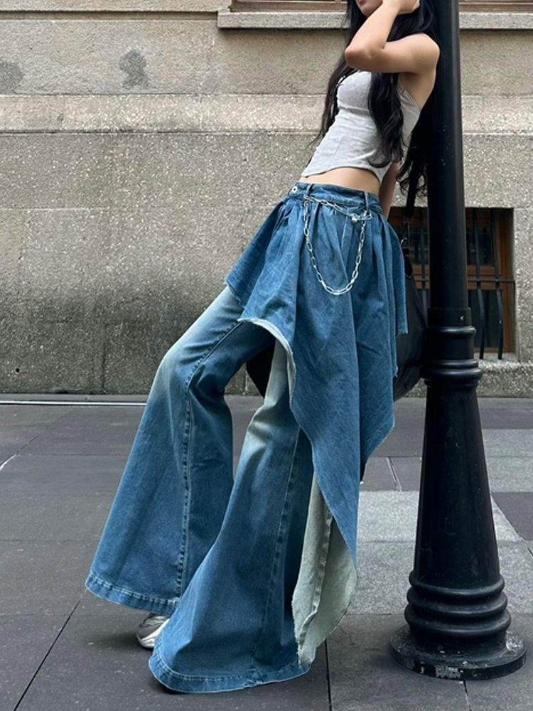 False two piece Denim Skirt High waist Fake 2 piece Skirt jeans pant - www.Shopthatapp.com