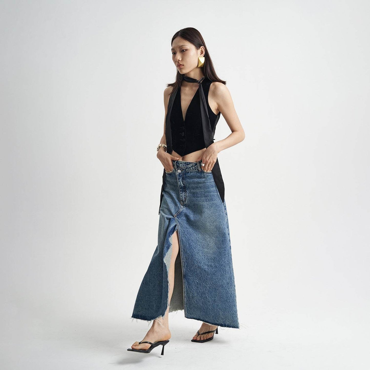 Washed Denim Front Split High-grade Jeans Skirt - www.Shopthatapp.com