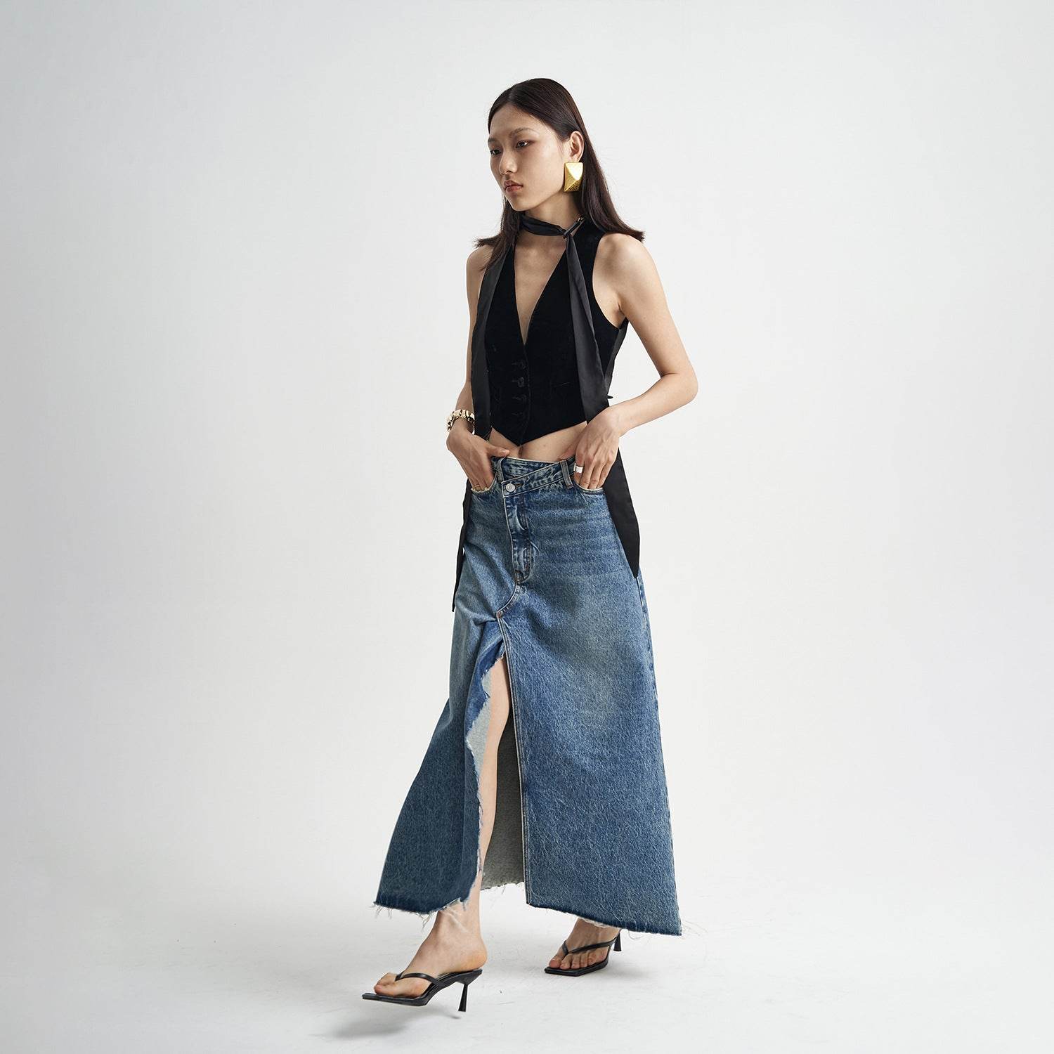 Washed Denim Front Split High-grade Jeans Skirt - www.Shopthatapp.com