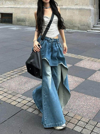 False two piece Denim Skirt High waist Fake 2 piece Skirt jeans pant - www.Shopthatapp.com