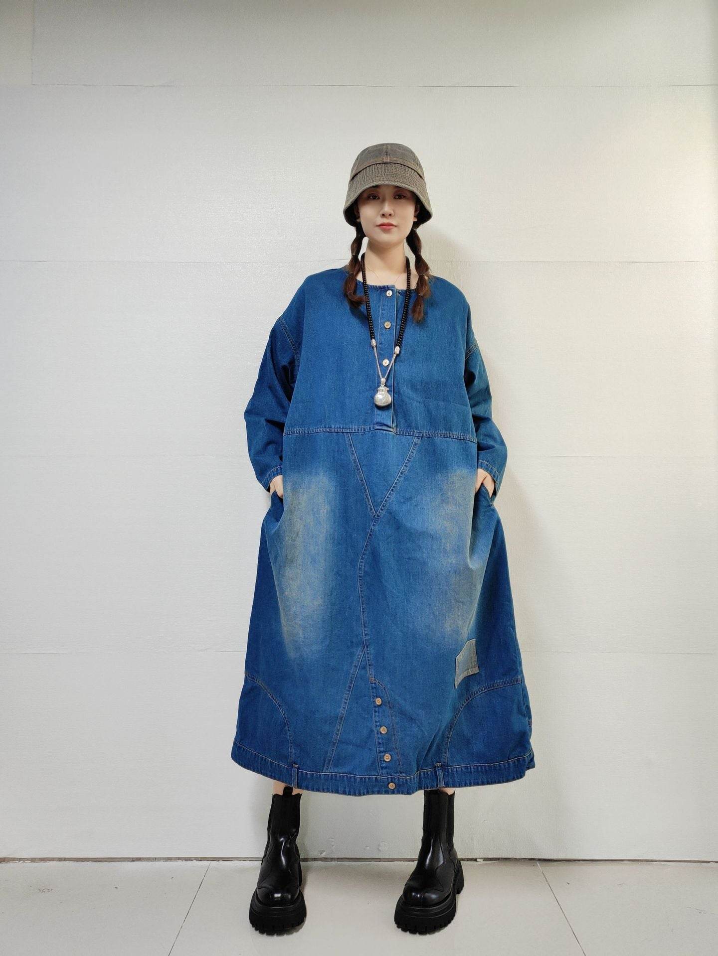 Loose-fitting Casual Round-neck Long-sleeved Oversized Long Denim Dress - www.Shopthatapp.com