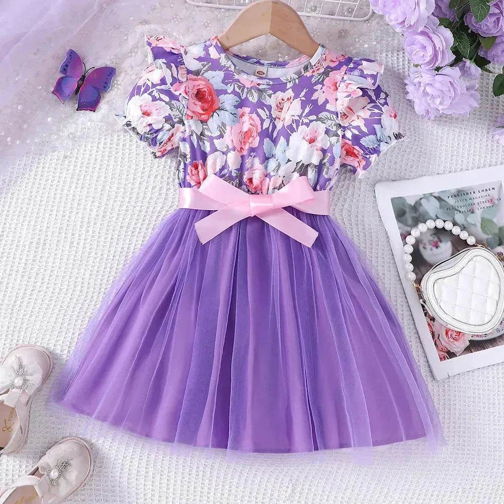 Girls Puff Sleeve Flower Printed Mesh Dress Baby girl dress gown - www.Shopthatapp.com